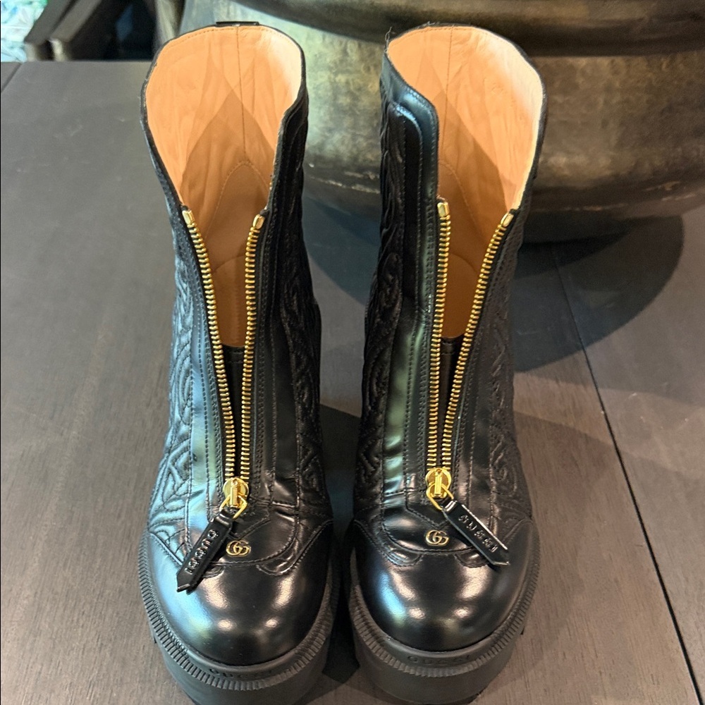 Gucci Black Quilted Leather Platform Zip Ankle Boots with Gold Hardware - Picture 14 of 17